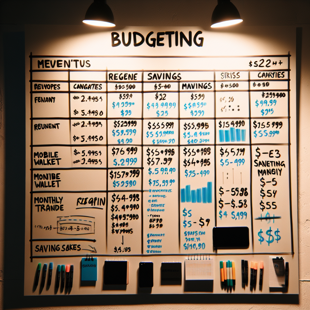 A meticulously organised budgeting whiteboard displaying revenue categories, mobile wallet balances, and monthly savings trackers with black and neon blue markers under warm studio lighting for a financial literacy workshop