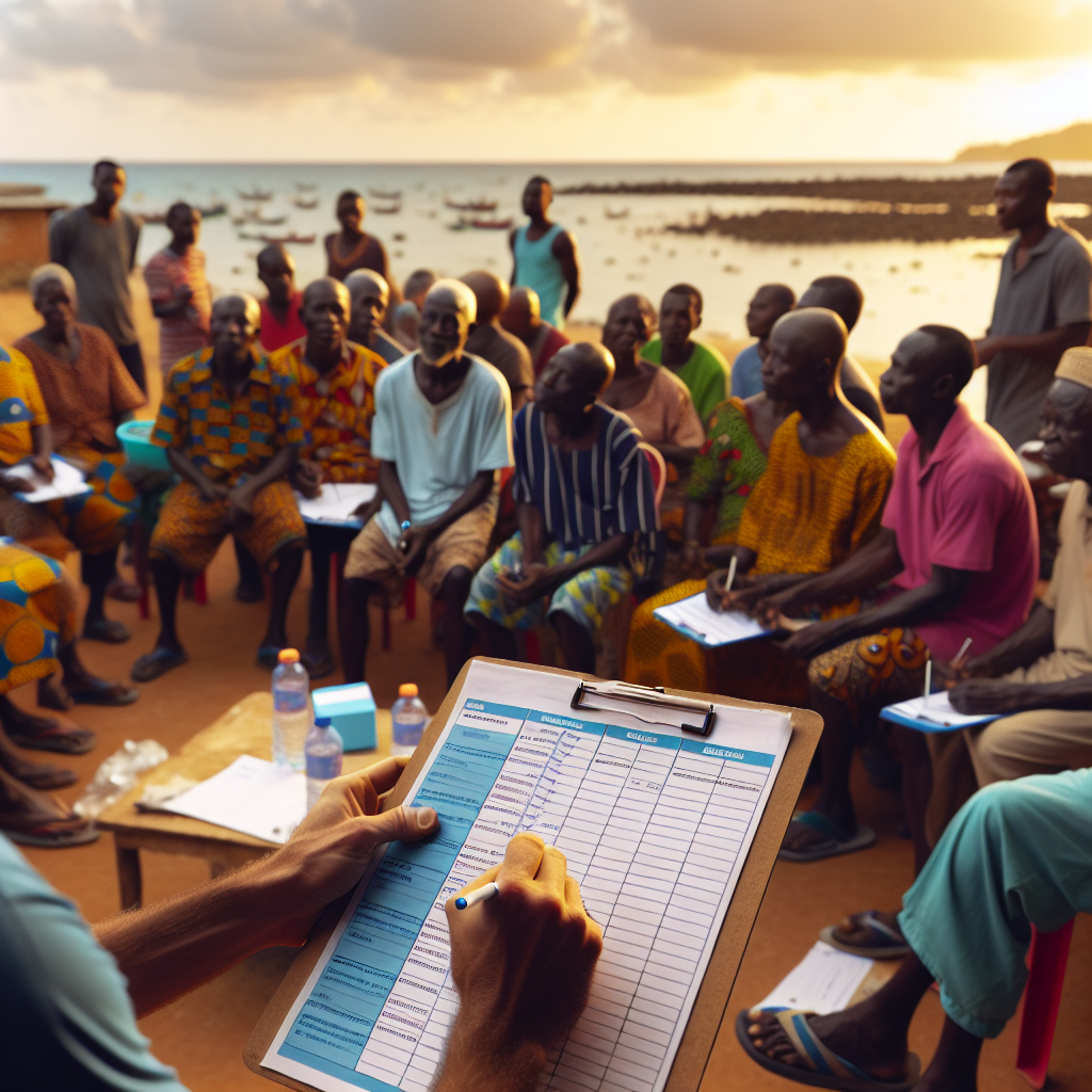 Residents of a coastal Ghanaian town contributing to a community savings discussion, documenting commitments on clipboards as a Gridlumen coach moderates with neon blue cue cards and structured prompts