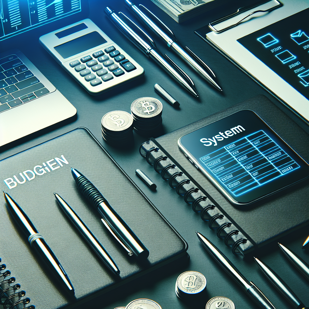 An array of personal finance tools including ledger notebooks, smartphones, and silver pens laid out on a black desk with neon blue lighting prepared for a budgeting systems setup session