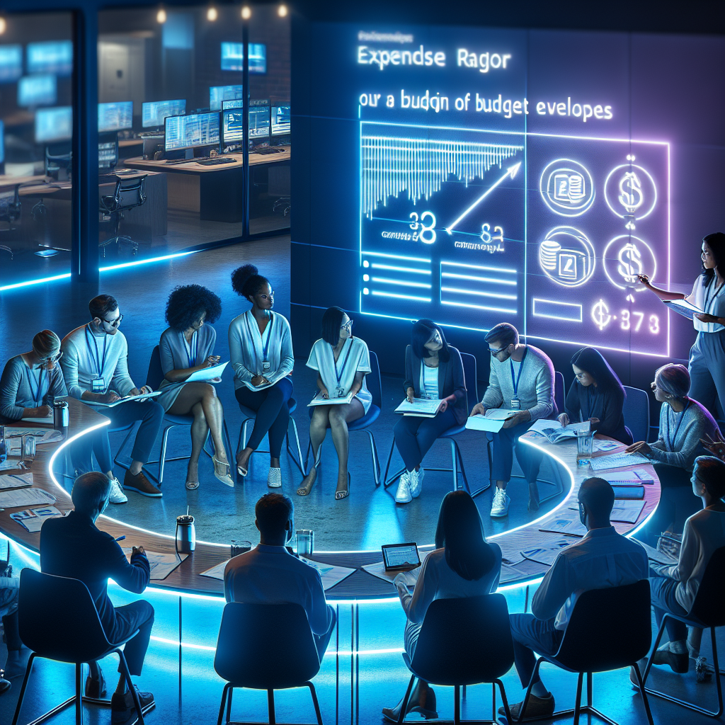 Participants seated in a circular workshop layout comparing expense ratio worksheets while a facilitator explains budget envelopes projected in neon blue against a silver wall inside a community innovation hub